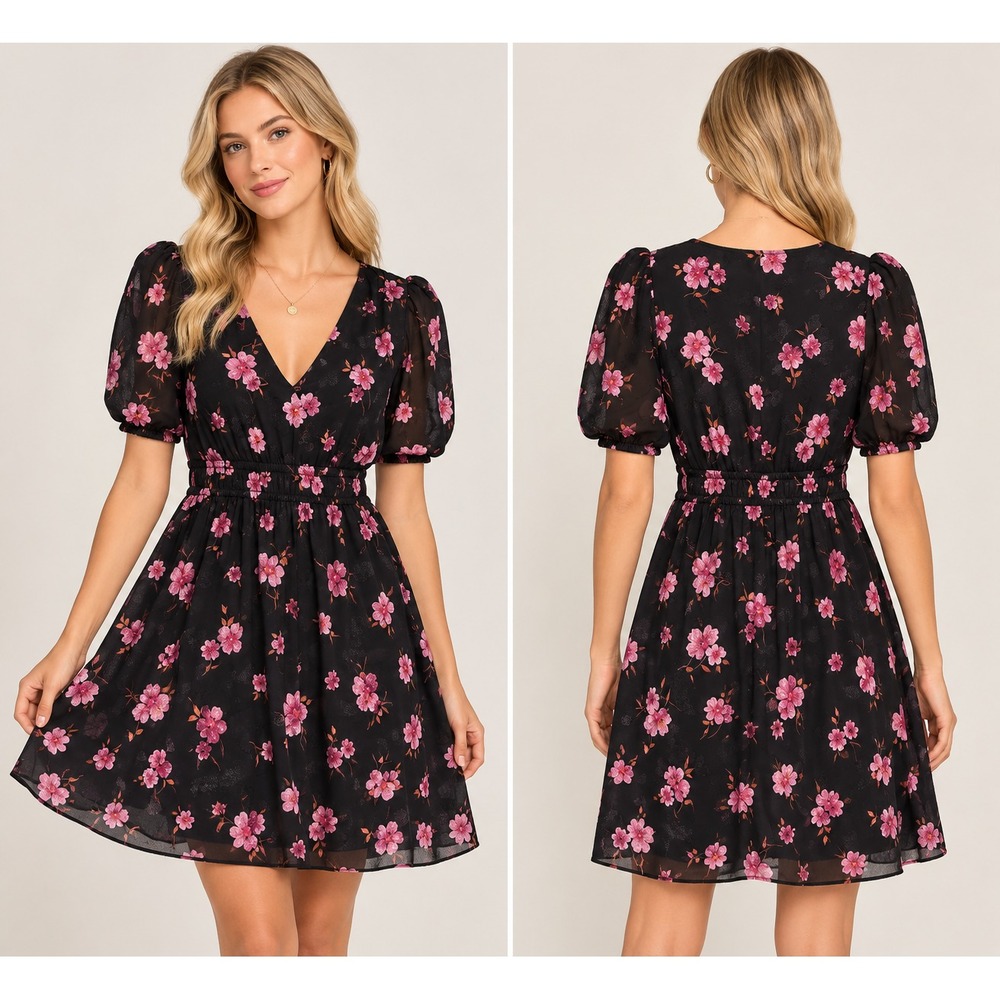 Draper James XS Black Pink Floral Dress Puff Sleeve V Neck Fit Flare Romantic